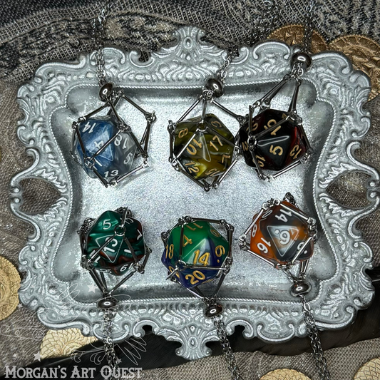 Stainless Steel Swirl D20 Dice Cage Necklace