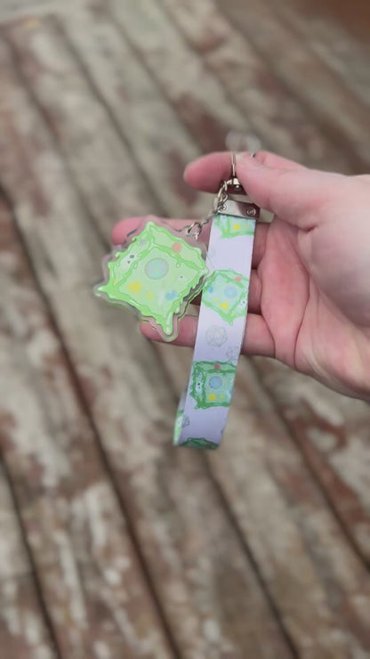 Short video showing a Wiggle Cube or  Gelatinous Cube wristlet. Cubes are green on a tan background with a matching green acrylic charm.